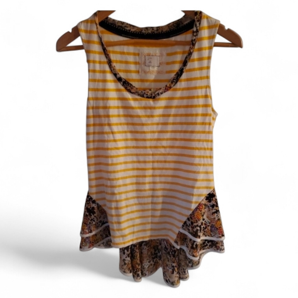POSTMARK / ANTHROPOLOGIE Yellow Striped Mixed Media Peplum Blouse - XS